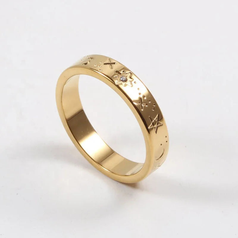 Carving Pattern Stainless Steel Starry Sun Moon Star Galaxy Universe Series Ring