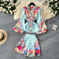 LW0727 Advanced Waist Waist Lantern Sleeve V-Neck Printed Shirt Wide Leg Shorts 2025 Spring Two-Piece Set