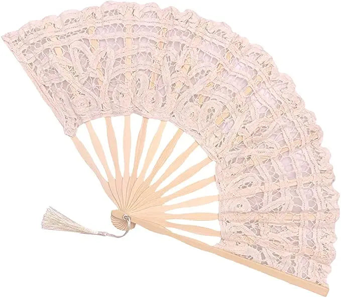 Women's Classic Folk Art Lace Handmade Bamboo Vintage Eco-Friendly Fan with Silk Tassels for Wedding and Business Gift