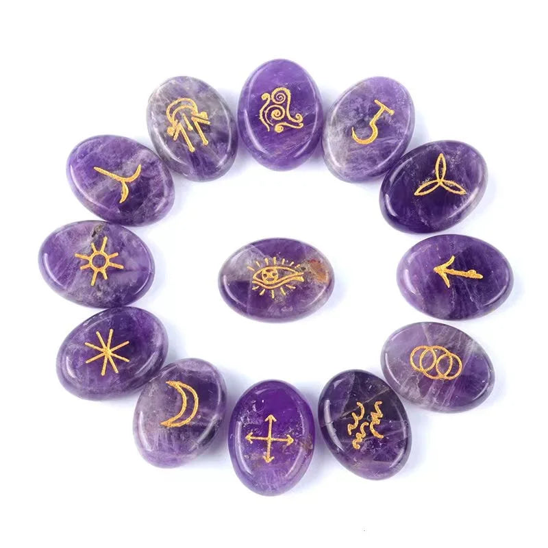 Boho-Chic Amethyst Black Obsidian Tiger Eye Runes Set - 13pcs for Reiki Healing Divination Witches Mysticism Spirit Speak
