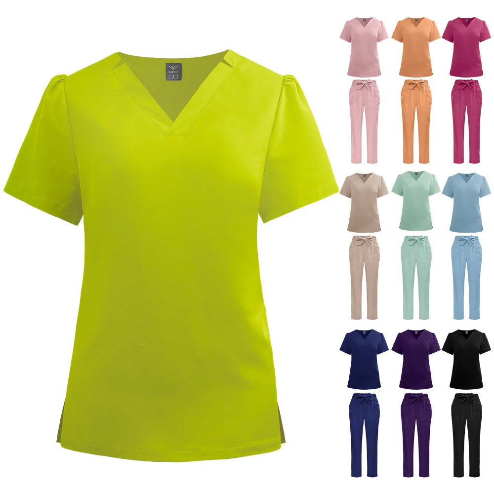 Polyester Spandex Comfortable Nurse Uniform Set V Neck Top Elastic Straight Pants Scrubs with Butter Fly Tie 42228