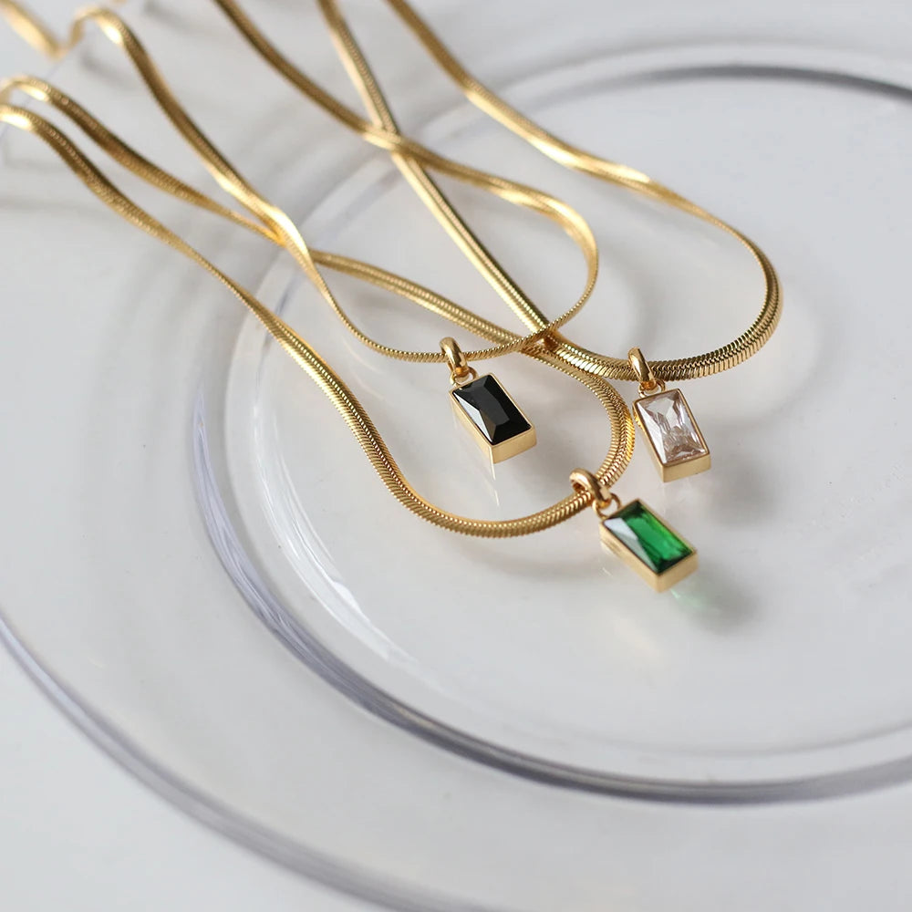 Delicate Jewelry Multicolor Emerald Green Crystal Pendant Herringbone Chain Necklace for Women
