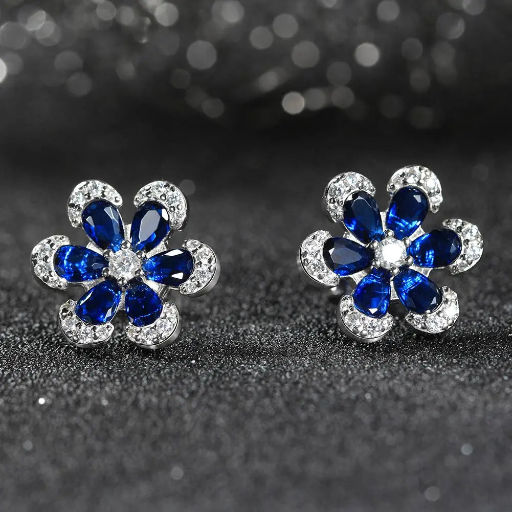 RINNTIN LZE21 Hypoallergenic 925 Sterling Silver Blue Sapphire Cute Flower Stud Earring for Women 5A CZ Earrings for Girls Party
