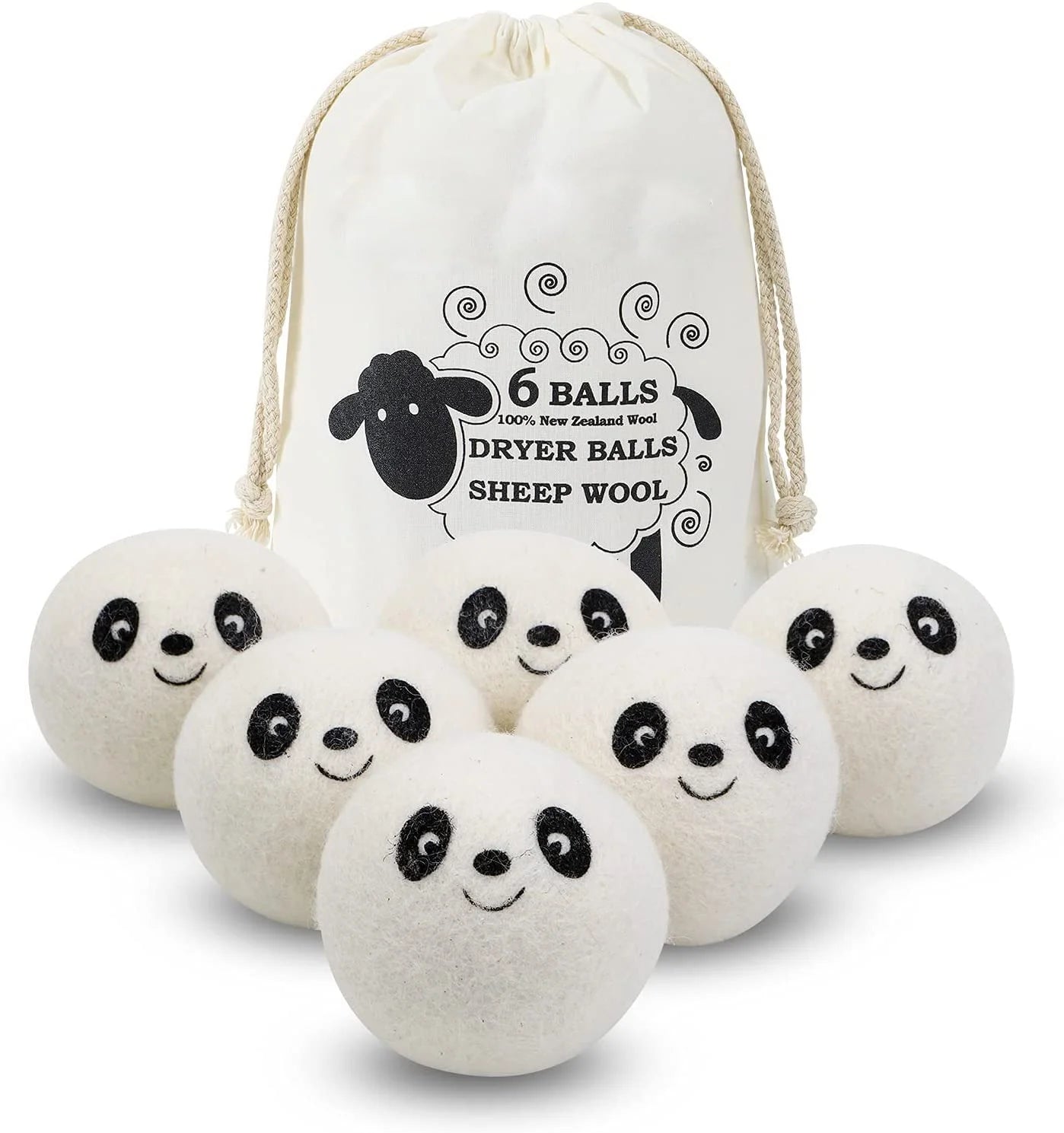 New Zealand Wool Dryer Laundry Balls Reusable Reduce Clothing Wrinkles Drying Clothes Faster XL 6-Pack Panda Wool Dryer Balls