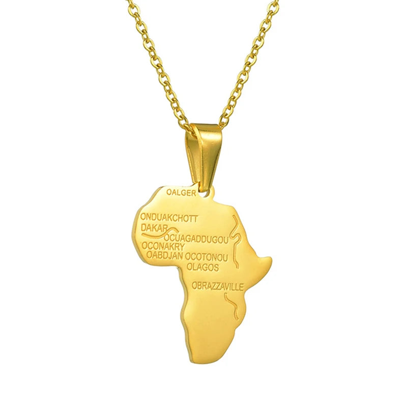 Hiphops Africa Map Pendant Stainless Steel Women Men 18K Gold Africa Continent Necklace for Travel Jewelry