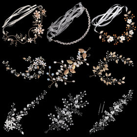 Handmade Rhinestone Wedding Headband Flower-Leaf Bridal Headpieces for Wedding Pearl Hair Accessories
