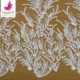 HY1609 High-end Luxury White Beaded Sequins Wedding Bridal Lace Dress Fabric Wholesale Lace Fabric