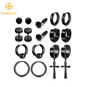 Hip Hop Men Simple Stainless Steel Jewelry Set Black Hoop Dangle Drop Punk Cross Gothic Earrings