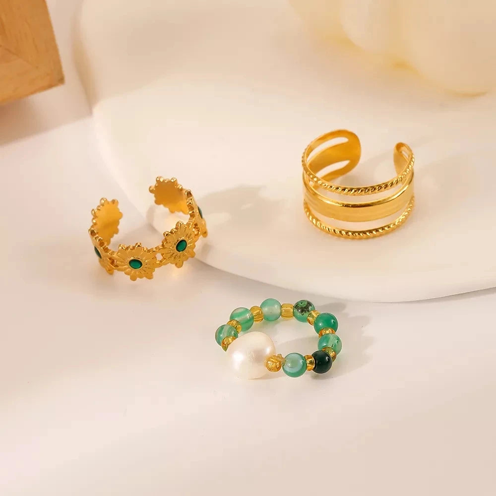 2022 Fashion Creative Stainless Steel Jewelry Rings Set 18k Gold Plated Beads Pearl  Flower Open Adjustable Rings for Women