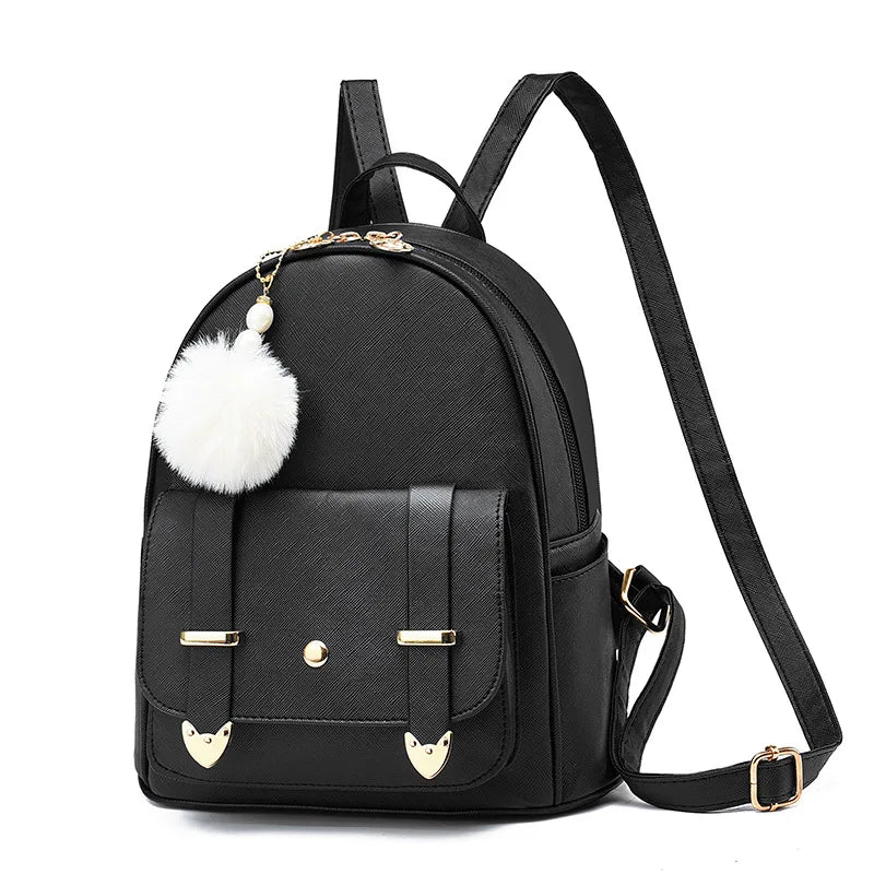 Fashion Mini Backpack Purse Pompom Ball PU Leather Backpack Shoulder Bag for Women