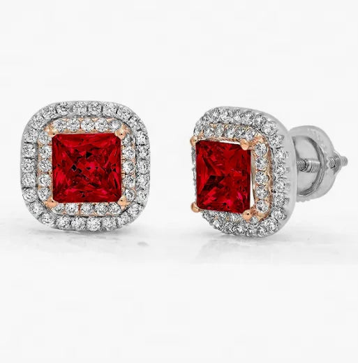 Princess Round Cut Double Halo Solitaire Natural Red Trendy Screw Back Statement Earrings Extra Large Earrings Women