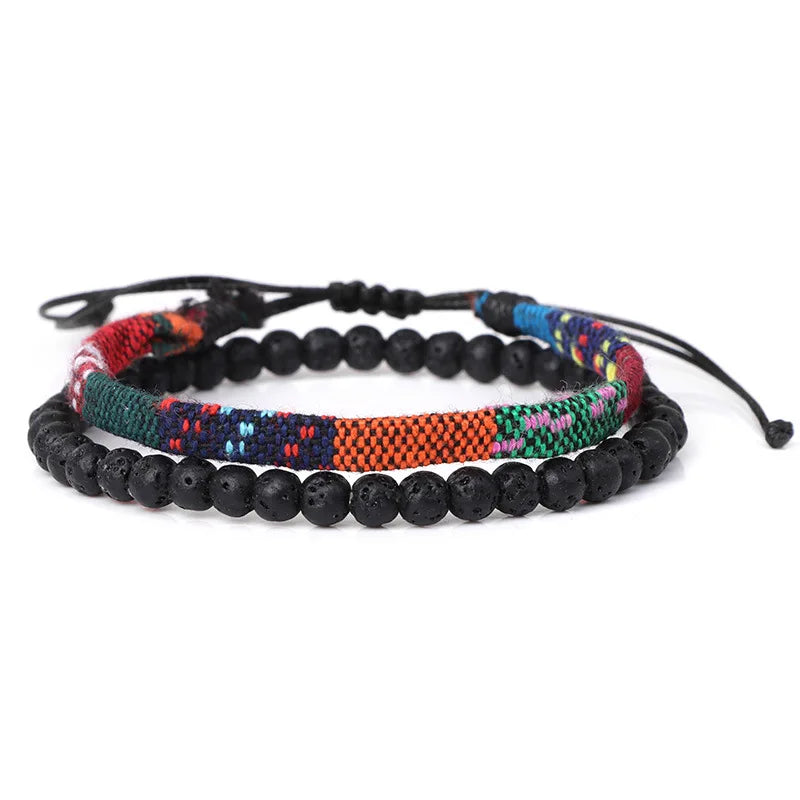 Bohemia Style 2pcs/ Set Colored Thread Woven Bracelet Lava Stone Bracelet for Women Friends