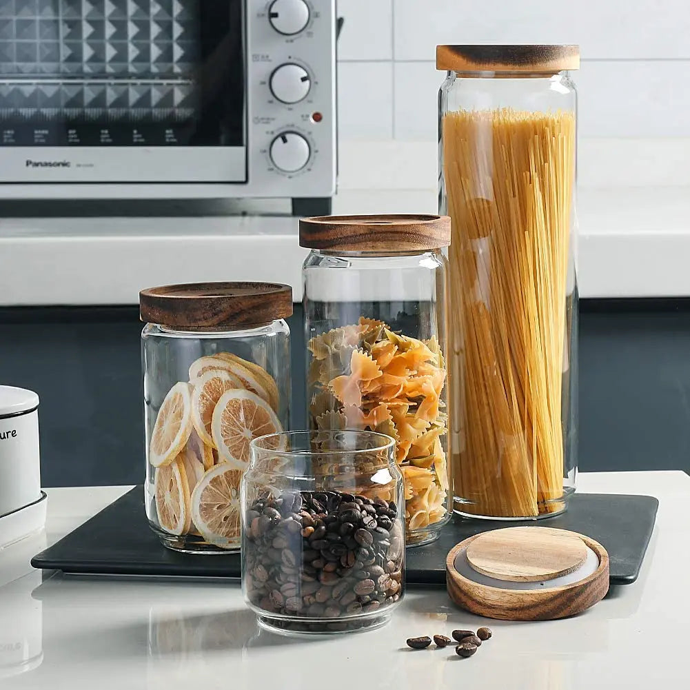 500ml Airtight Hand Made Glass Storage Bottle Clear Food Canister Coffee Tea Glass Container with Acacia Wood Lid