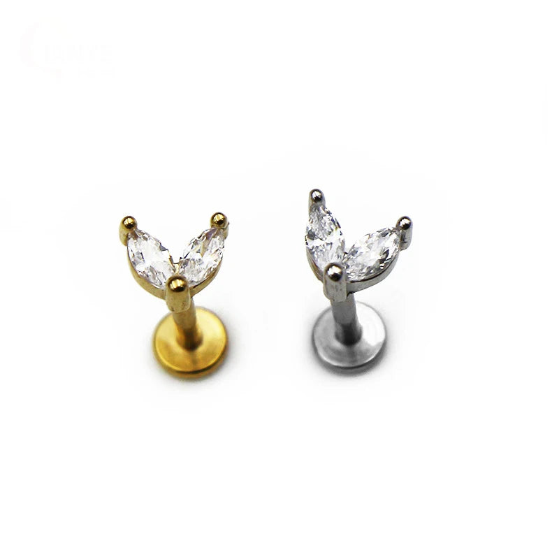 Gaby CZ Leaf Lip Stainless Steel Labret Studs Helix Stud Ear Piercing Body Jewelry with Zircon for Wedding Engagement or Gift