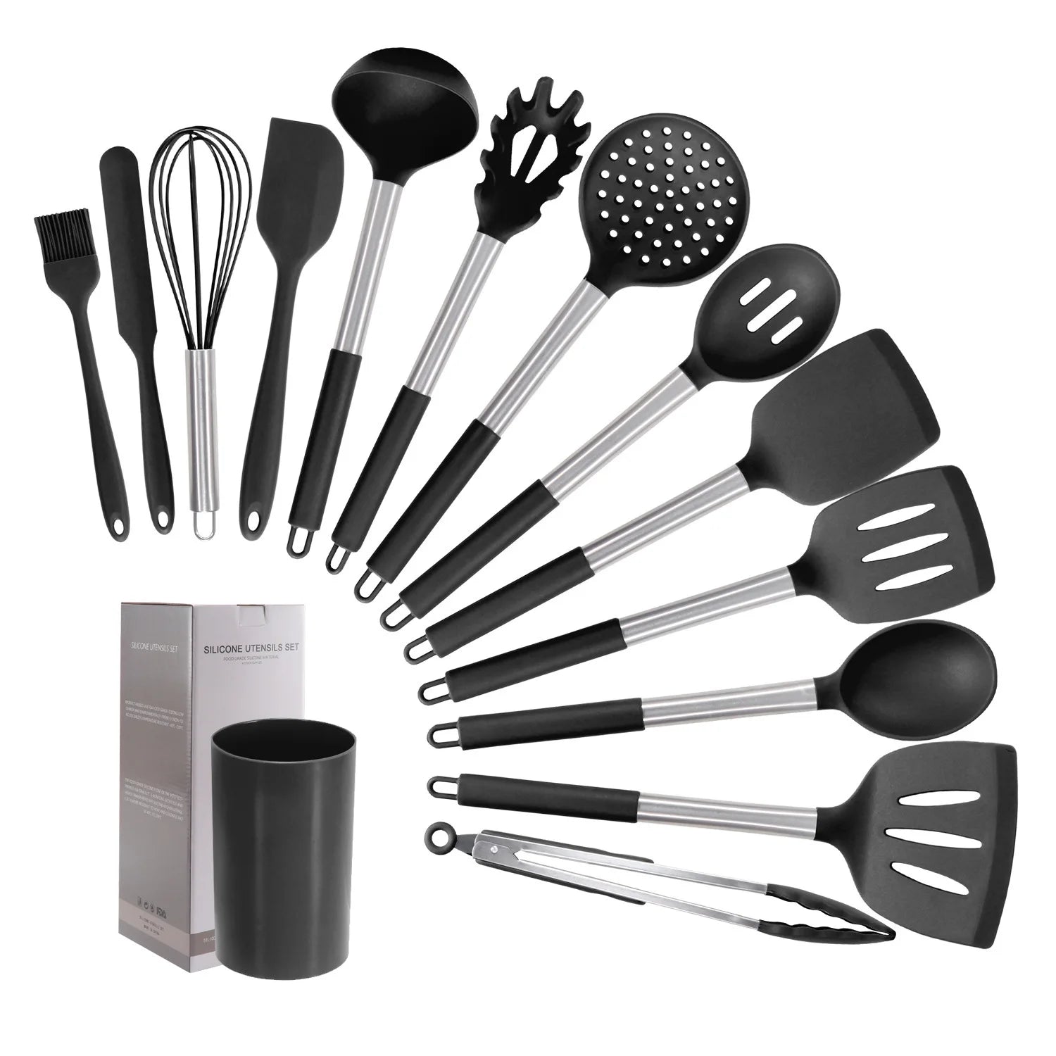 Kitchen Utensil Set Tools Non 14 Pieces Silicone Cooking Utensils Set Turner Tongs Spatula Spoon With Stainless Steel Handle