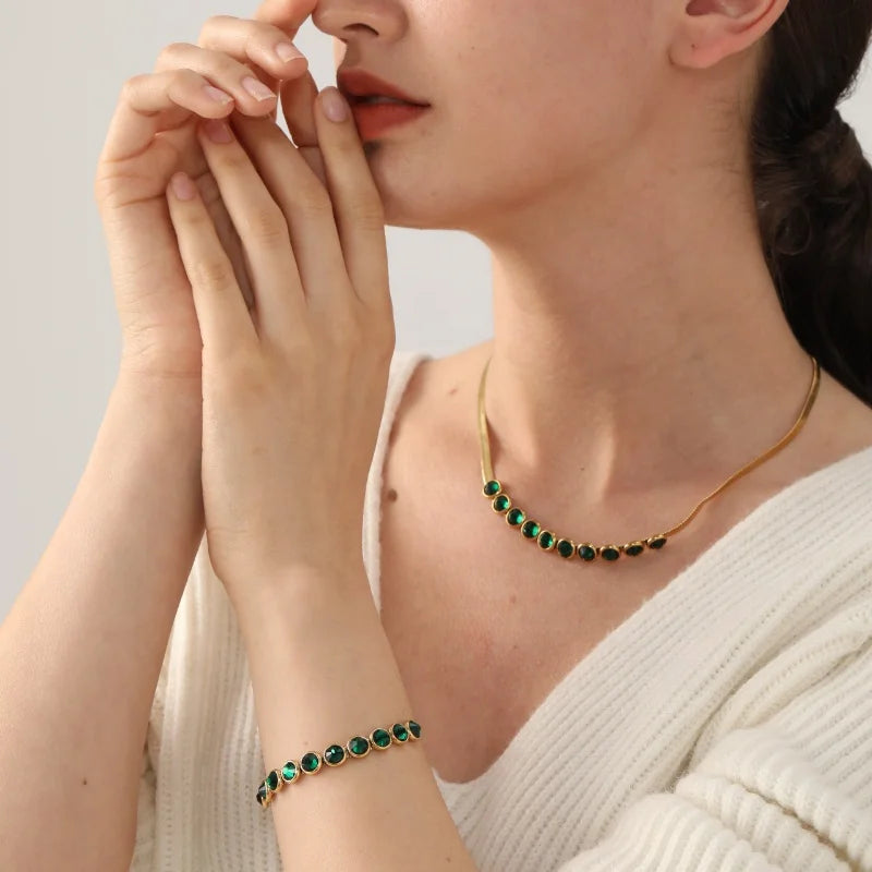PVD18k Gold Plated Stainless Steel Jewelry Set Green Zircon Pendant Necklace and Bracelet for Women Fashion for Parties