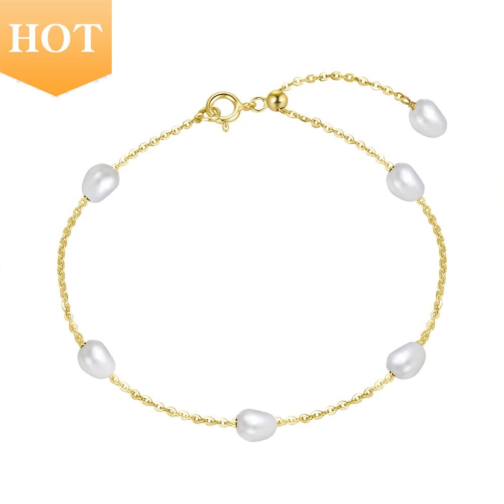 RINNTIN GPB08 Fashion Jewellery 925 Sterling Silver Freshwater Pearl Bracelet Brazalete 14K Gold Bracelet for Women