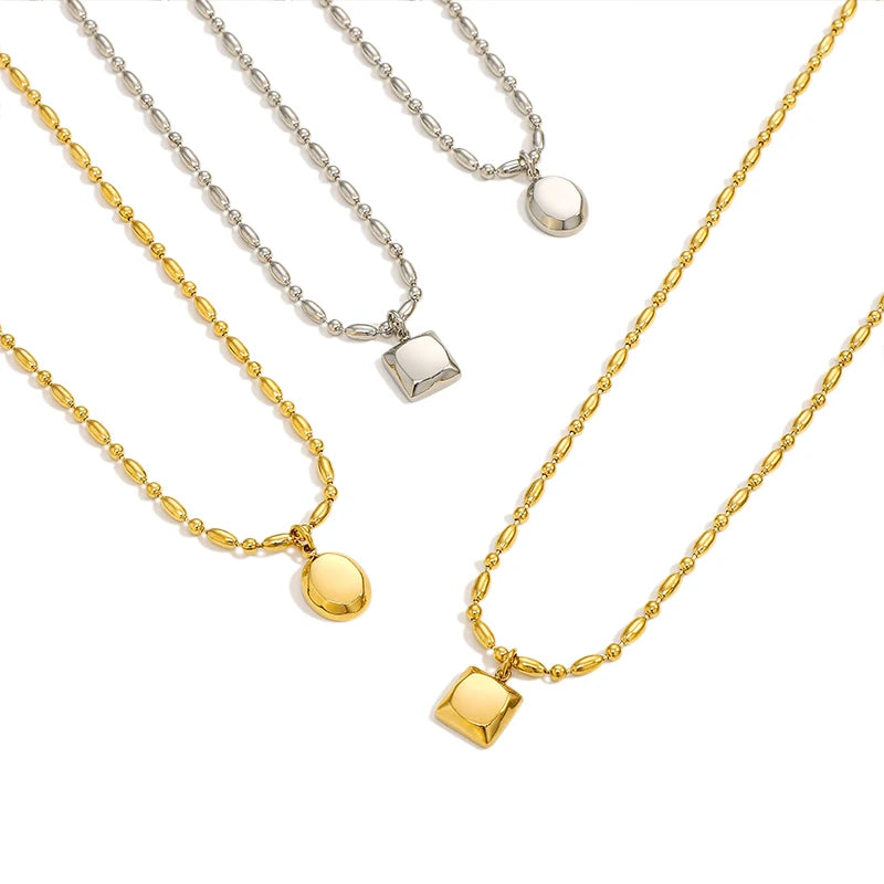MICCI Waterproof Jewellery Stainless Steel Tarnish Free Jewelry Bead Chain Square Pendant Necklace