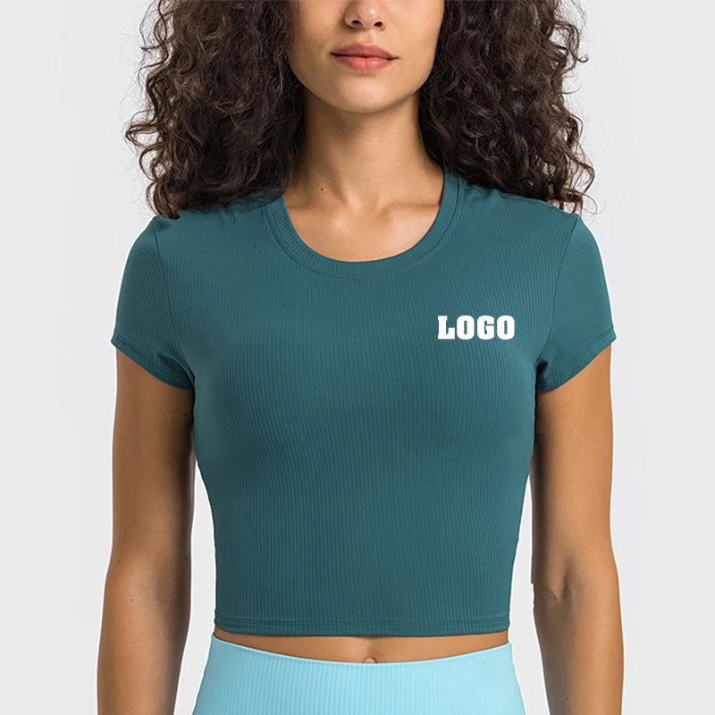 2023 Spring New Short Sleeve Yoga Crop Top Ribbed Sports Gym Wear Outdoor Walking Training Fitness T Shirt for Women