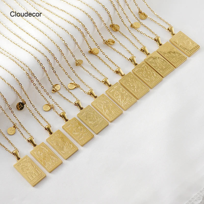 Customizable 18K Gold and Stainless Steel Geometric Pendant Necklace for Women Men Link Chain with Tarot Card Zodiac Sign Charm