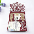 Personalized 3D Burgundy Laser Card Arch Under the Vows Cartoon Bride and Bridegroom Image Wedding Invitations