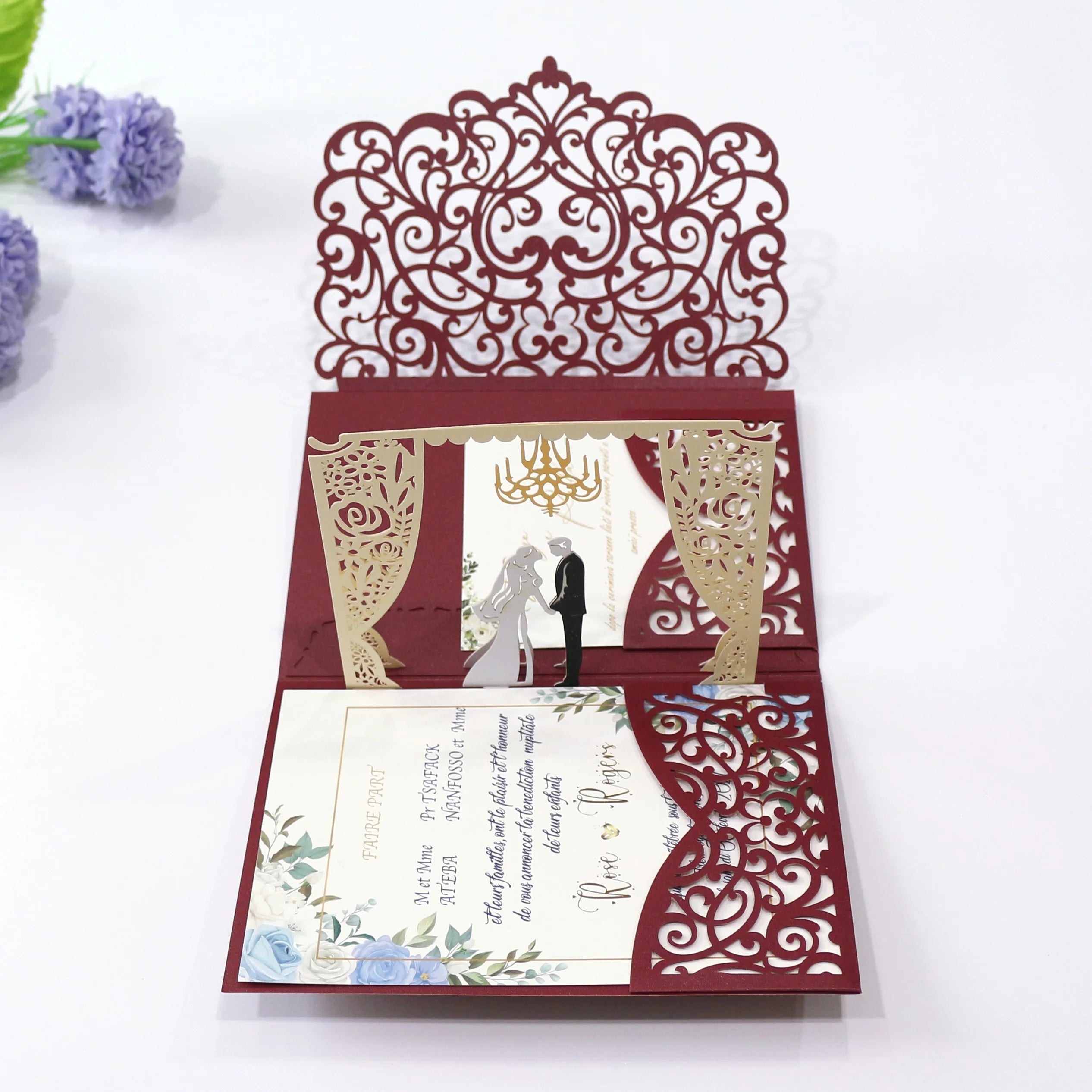 Personalized 3D Burgundy Laser Card Arch Under the Vows Cartoon Bride and Bridegroom Image Wedding Invitations