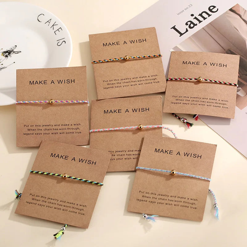 Make a Wish Card Fashion Stainless Steel Beaded Handmade Braided Adjustable Lucky Thread Cotton Rope Bracelet