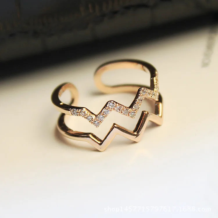 Korean Style Stylish Jewelry Heartbeat CZ Zircon Double Wave Ring Vintage Open Diamond Wedding Engagement Gold Ring for Couple