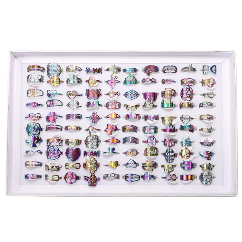 Factor Custom Design 100 Pieces Mix-and-Match Fancy Ring With Box for Men Woman Stainless Steel Creative Rings for Man Women