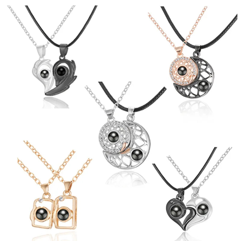 Korean New Trendy Sun Moon Clavicle Chain One Hundred Languages Projection Pendant Necklace Couple Wedding Engagement Gift