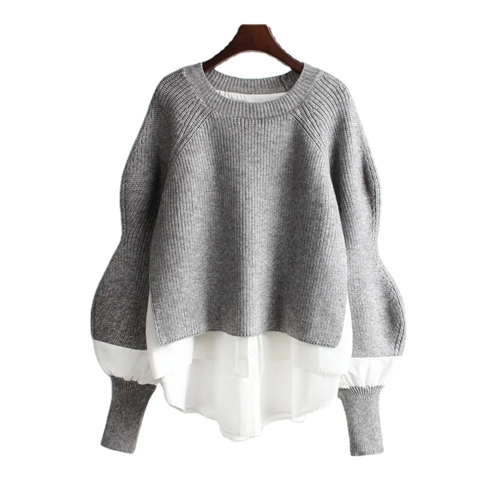 Wholesale 2025 Autumn and Winter Korean Casual Loose Pullover Sweater Fake Two-piece Sweater Elegant Temperament Ladies Sweater