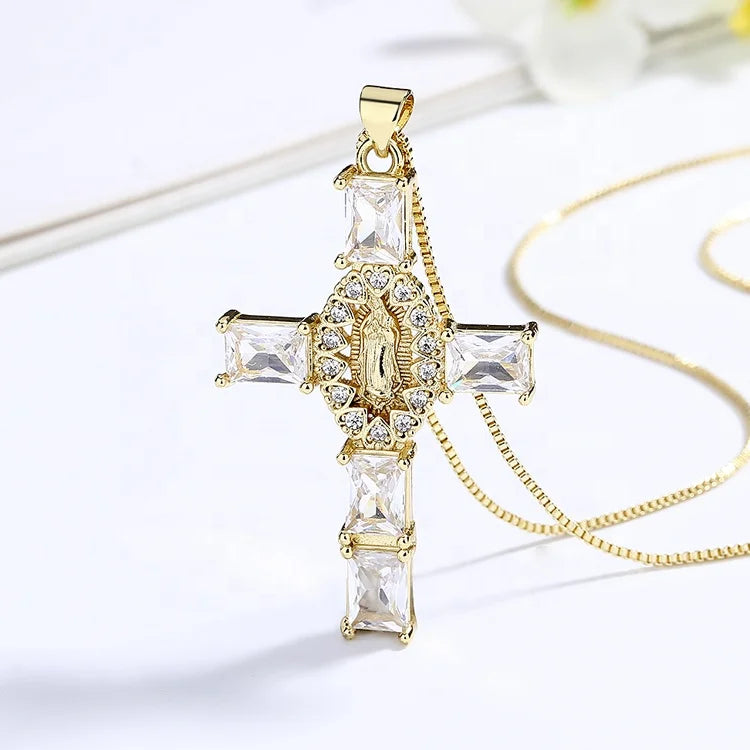 Transparent White Unisex Simple Religious Cross 18K Gold Crystal Pendant for Jewelry Making Necklace