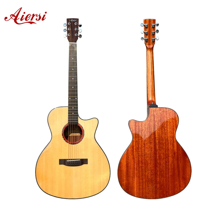 Wholesale OEM ODM Aiersi Factory Gloss 40 Inch Cutaway Solid Spruce Top Mahogany Acoustic Guitar GA Style Folk String Instrument