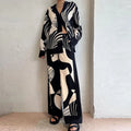 2025 Summer Fashion Lady Outfit Elegant Loose Long Sleeve Shirts Wide Leg Pants Female Suit Casual Print Shirt Women 2 Piece Set