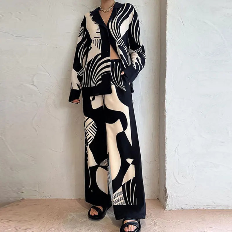 2025 Summer Fashion Lady Outfit Elegant Loose Long Sleeve Shirts Wide Leg Pants Female Suit Casual Print Shirt Women 2 Piece Set