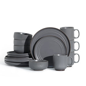 Stoneware Dinnerware Set Service for 4 (16pcs) Porcelain Mugs Plates Bowls with Grey Rim Combo Wholesale