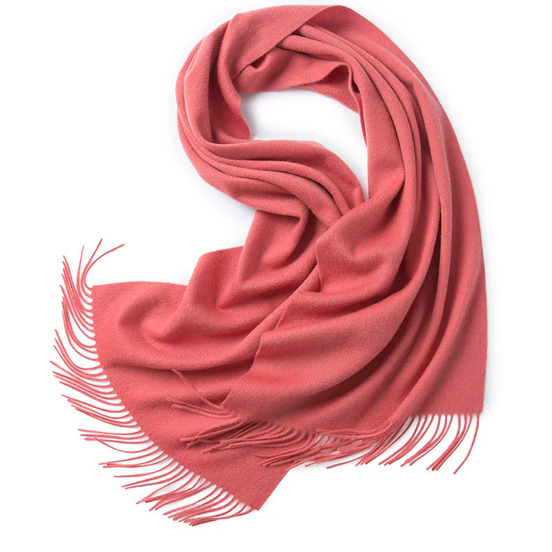 Pink Solid Lambswool Merino Wool Eco-Friendly Long Autumn Women's Tassel Soft 100% Wool Pashmina Scarf
