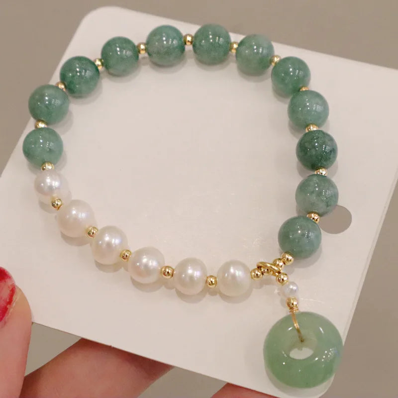 GT Women's Burma Jade Beaded Bracelet with Freshwater Pearl and Green Aventurine Stone Pendant Gold Plated Trendy Style