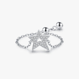 Link Chain Adjustable STARS Sparkling Stars Ring 925 Sterling Silver Fine Jewelry for Women Rhodium Plated Female Rings