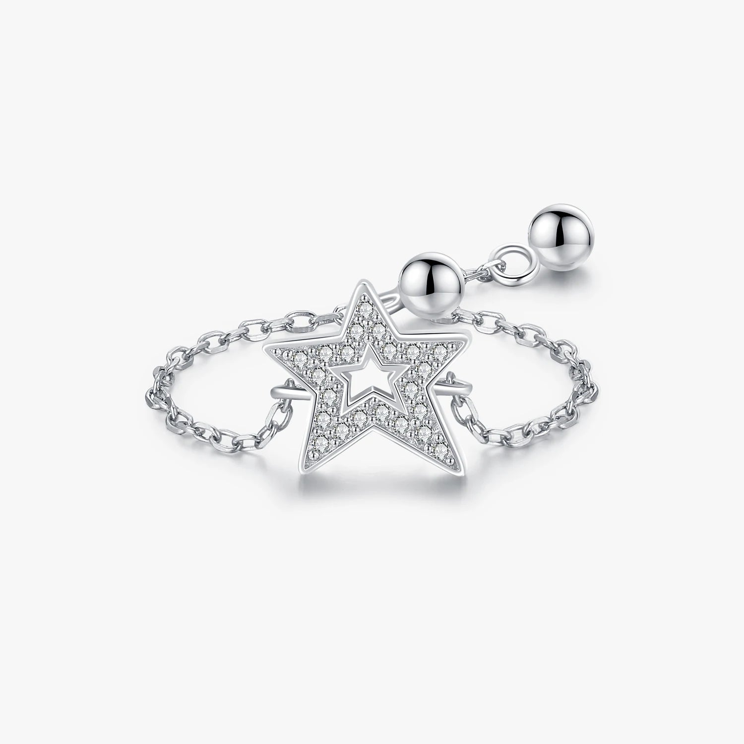 Link Chain Adjustable STARS Sparkling Stars Ring 925 Sterling Silver Fine Jewelry for Women Rhodium Plated Female Rings