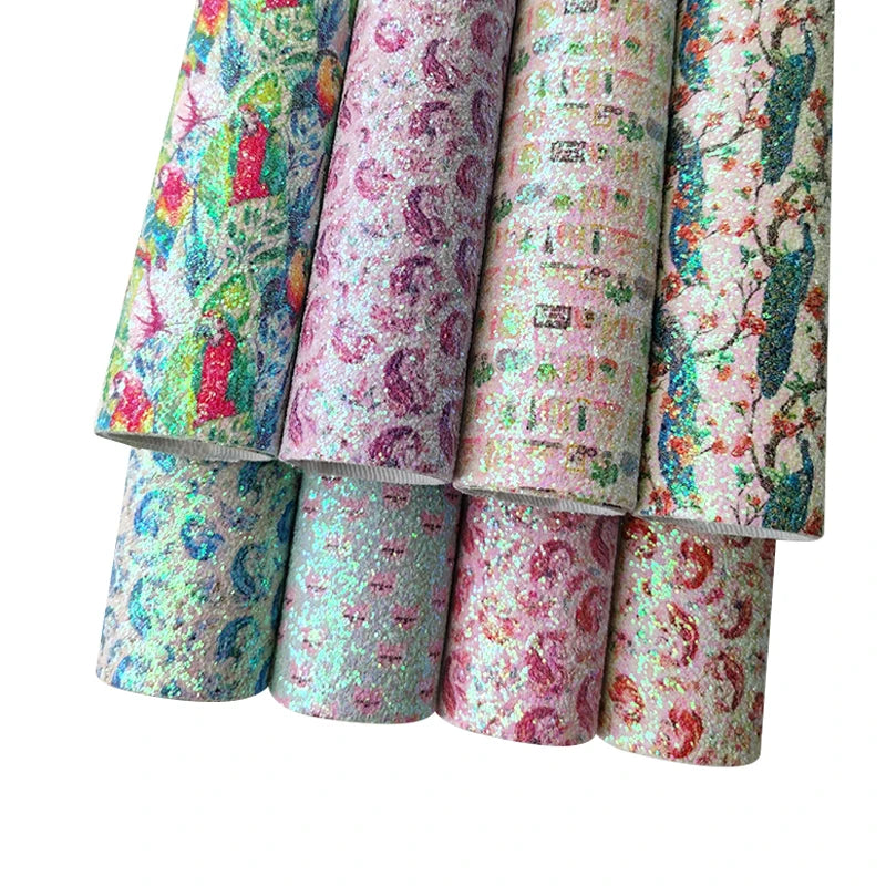 Animals Pattern Printed Colorful Pink Shinny Chunky Glitter Faux Leather Fabric Twill Back for Making Hair Bow Decoration Craft