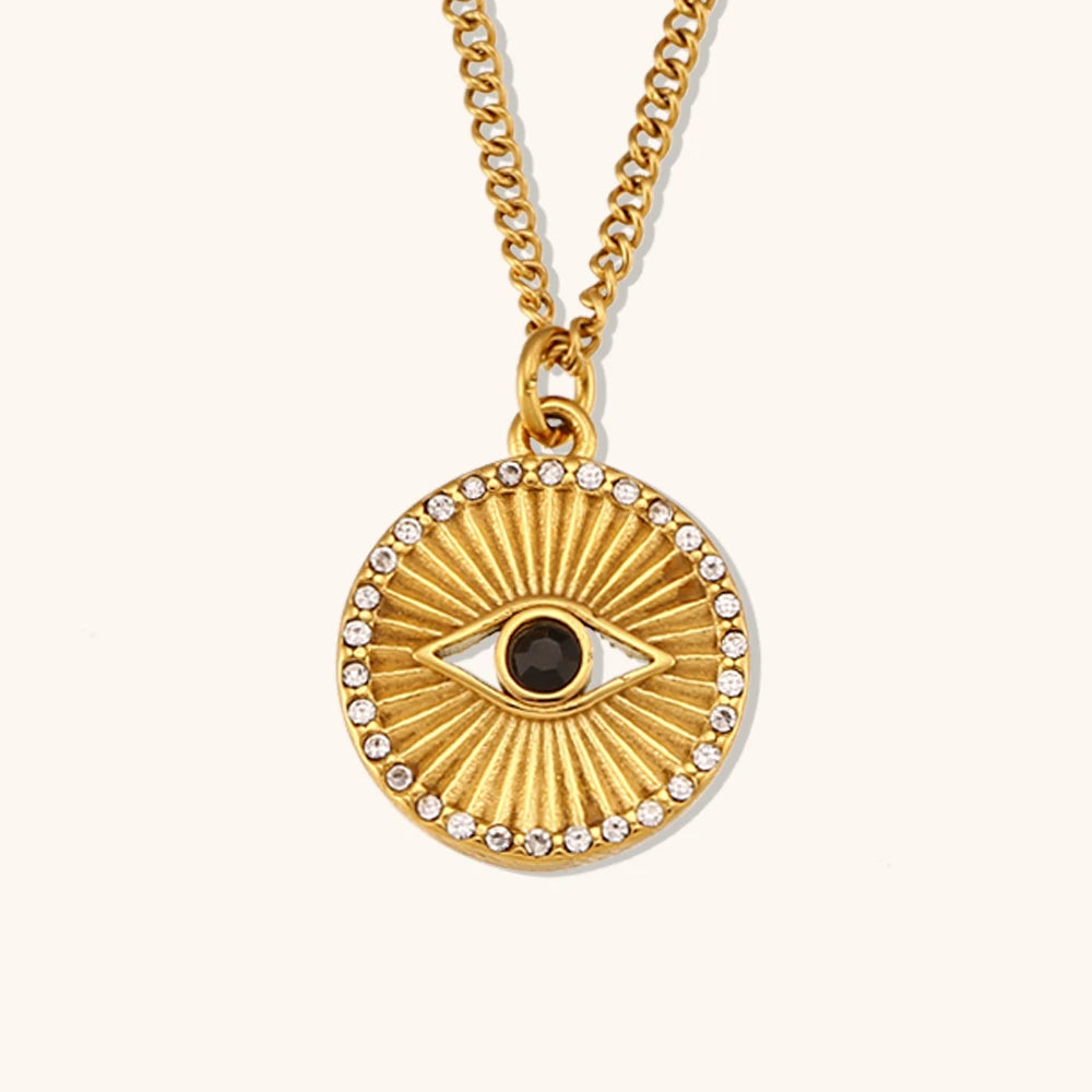 Dingran 2024 High Quality Engraved Sunburst Eye Zircon Necklace Pendant Necklace 18k Plated Gold Jewelry for Women