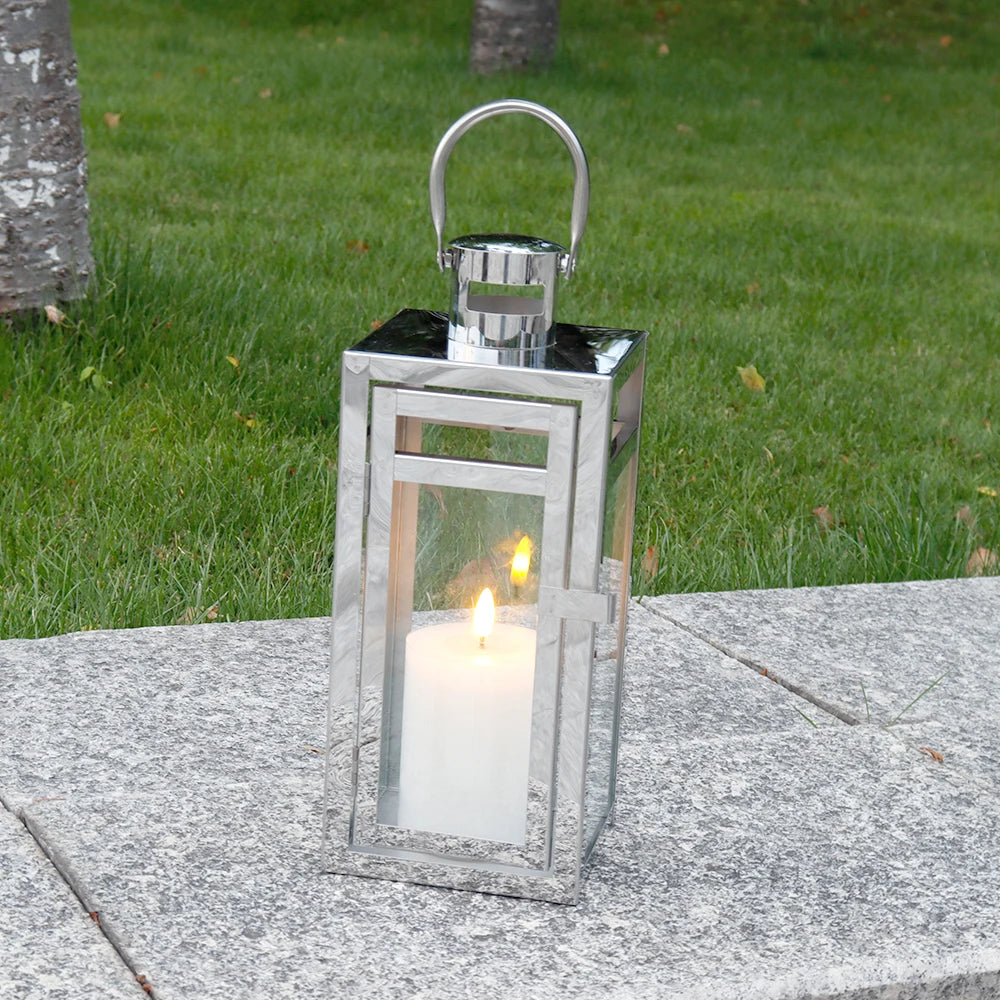 Small Glass Stainless Steel Silver Candle Lantern Tall Outdoor Decorative Candle Holders for Pillar Candle