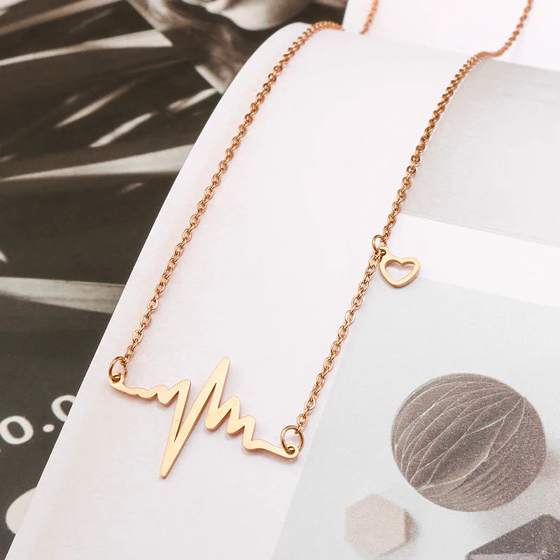 Ecg Heartbeat Necklace Jewelry Alloy Gold Plated Charm Electrocardiogram Wave Heart Pendant Necklace for Women