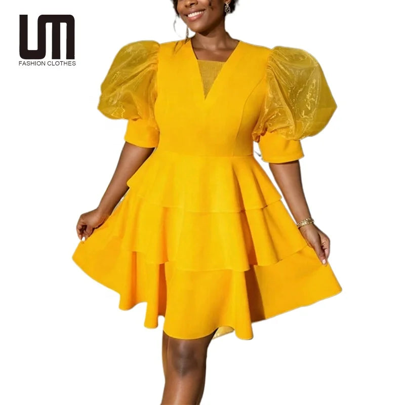 African Elegant New Products Women Evening Party Gowns High Waist Ruffles Plus Size Midi Dress