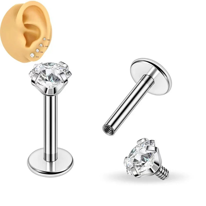 New Cz 16g Thread Titanium Labret Nose Stud Earrings 6mm Cubic Zirconia Classic Helix Piercing Tragus Conch Wedding Party