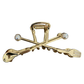 New Design Golden Metal Spork Hair Claw Clip Hollow Pearl Intersecting Irregular Fork Shape for Thick Hair Made Durable Alloy
