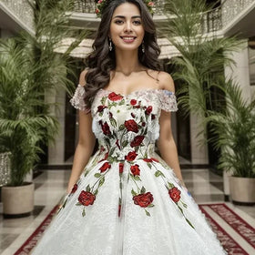 Modest Off Shoulder Sweetheart Flower Ball Evening Gown for Women Dress Jancember 9585-1