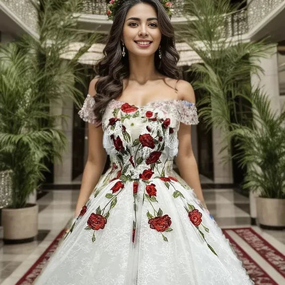 Modest Off Shoulder Sweetheart Flower Ball Evening Gown for Women Dress Jancember 9585-1
