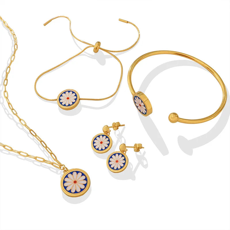 Fashion Stainless Steel Pin Clip Chain Flower Necklace Gold Plated Enamel Daisy Flower Pendant Necklace